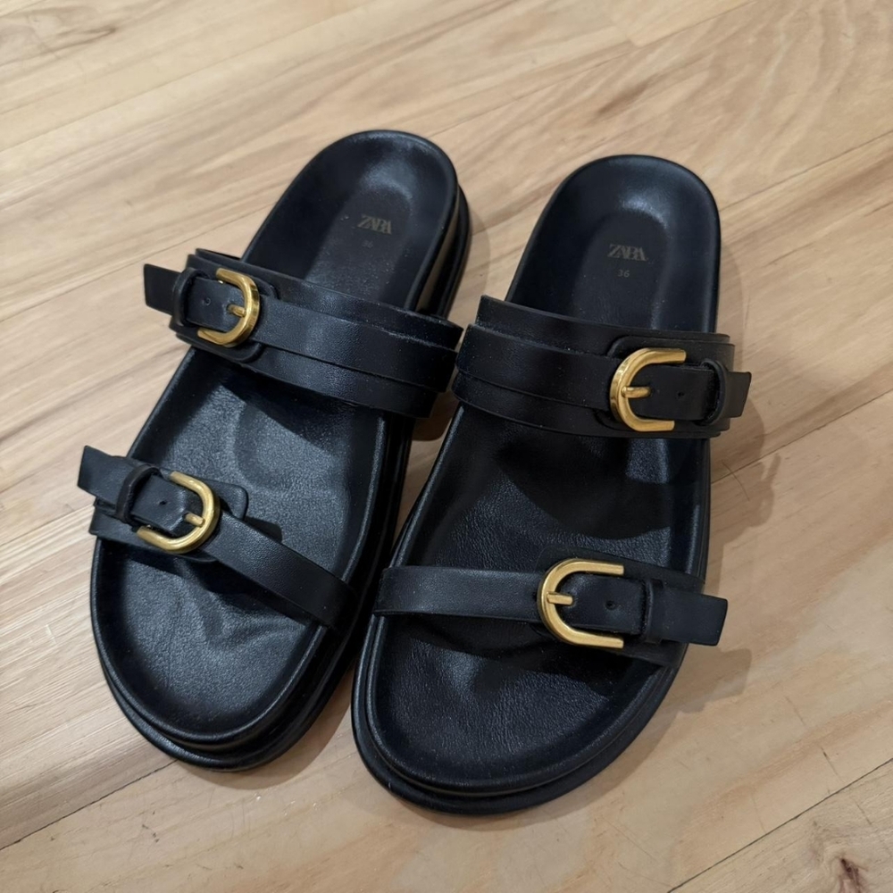 Zara Black Double-Buckle Slide Sandals